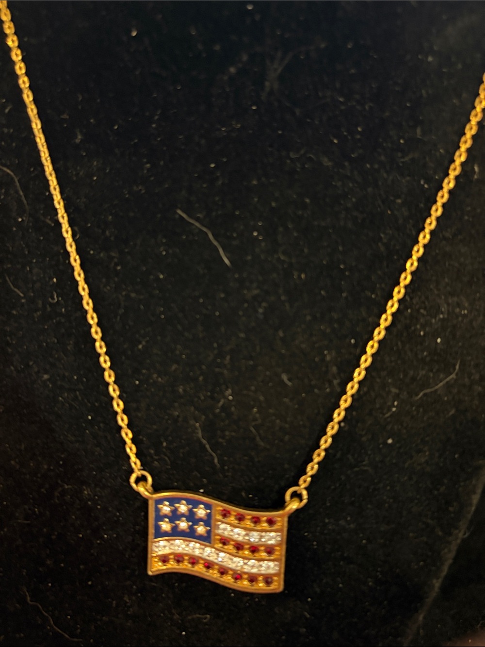 Avon Gold-Tone American Flag Necklace with Red, Blue & White Accents
